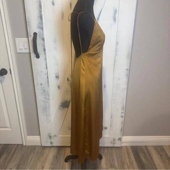 For Love & Lemons Twinkle Slip Midi Dress Olive Gold SSatin Crisscross Back For Love & Lemons Twinkle Slip Midi Dress Olive Gold SSatin Crisscross Back